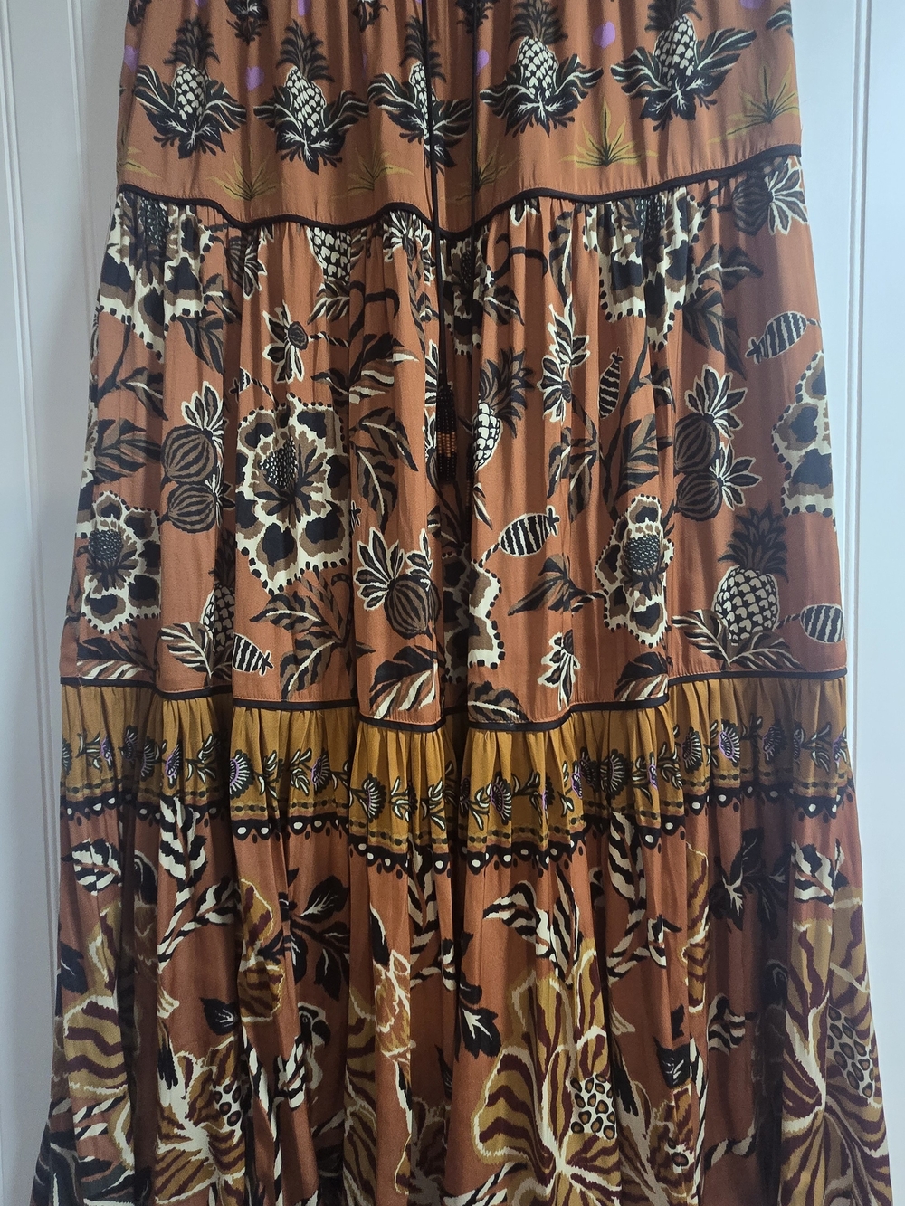 Rachel Zoe Tiered Floral and Pineapple Maxi Skirt in Rust and Mustard
